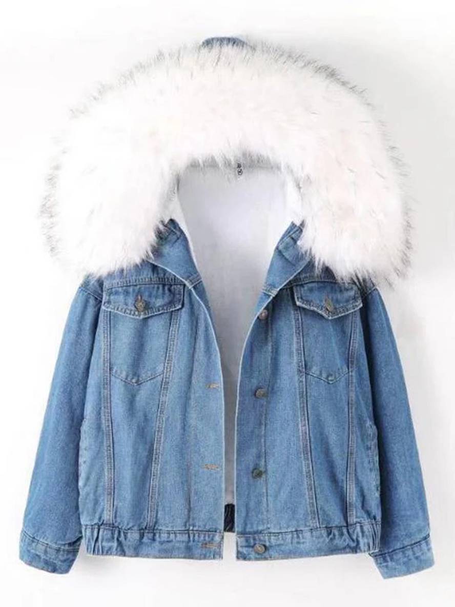 Levoire | Veste En Jean Belly Fausse Fourrure Doublée En Molleton Capuche Chic Manteau Femme Bleu Blanc