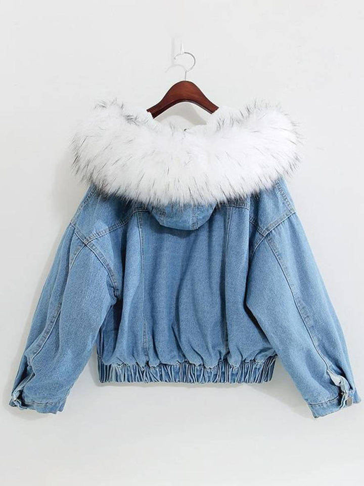Levoire | Veste En Jean Belly Fausse Fourrure Doublée En Molleton Capuche Chic Manteau Femme Bleu