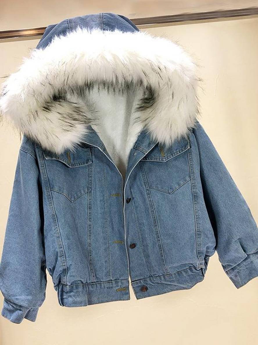 Levoire | Veste En Jean Belly Fausse Fourrure Doublée En Molleton Capuche Chic Manteau Femme Bleu