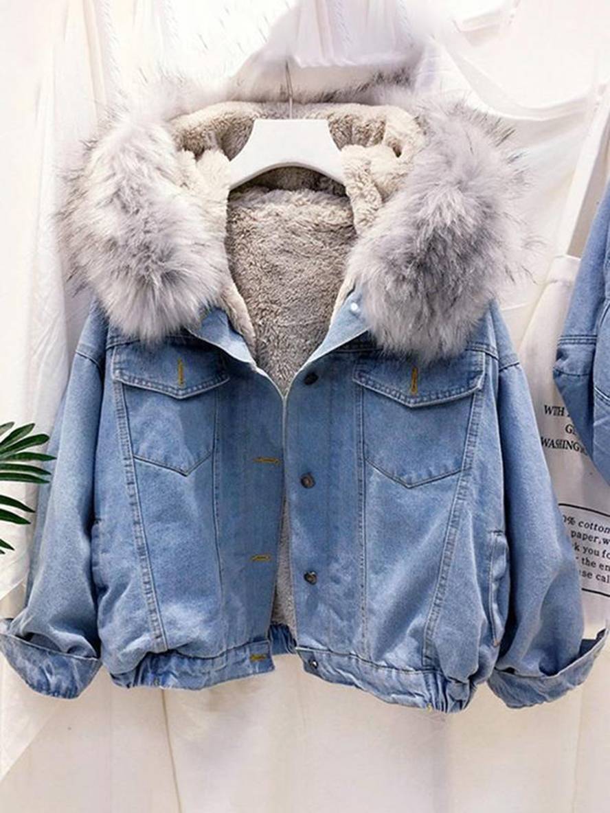 Levoire | Veste En Jean Belly Fausse Fourrure Doublée En Molleton Capuche Chic Manteau Femme Bleu Gris