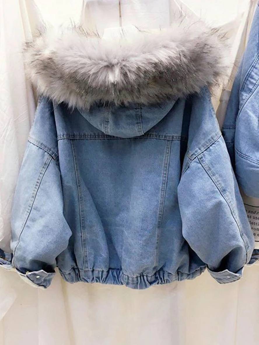 Levoire | Veste En Jean Belly Fausse Fourrure Doublée En Molleton Capuche Chic Manteau Femme Bleu