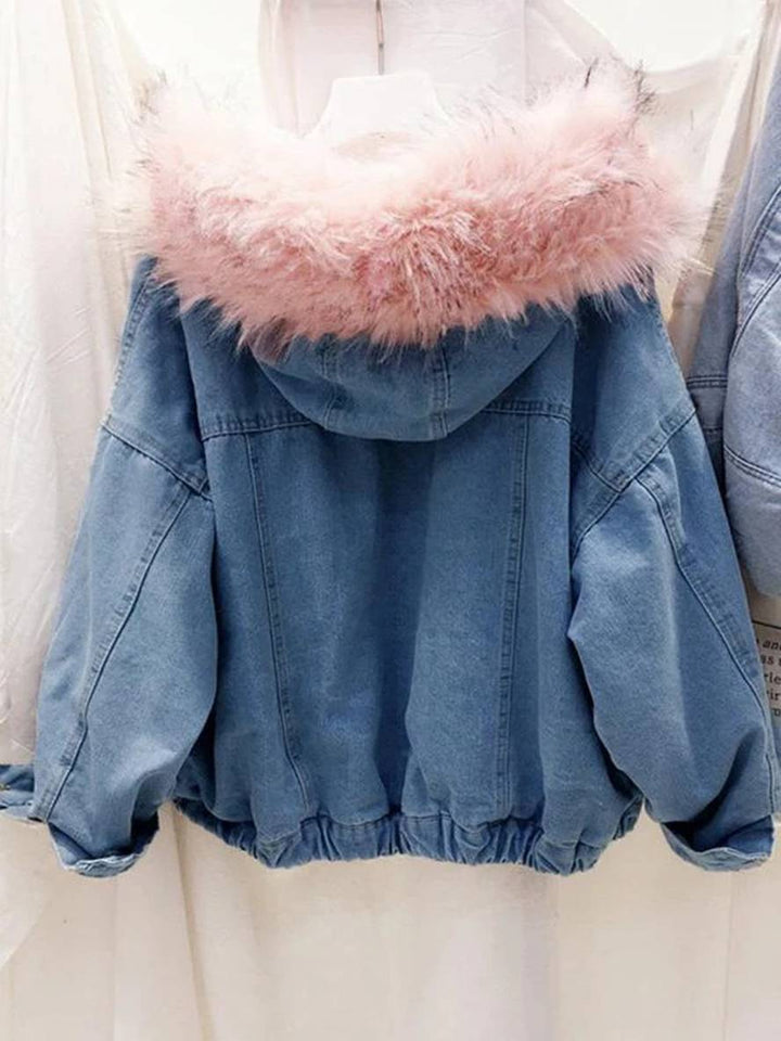 Levoire | Veste En Jean Belly Fausse Fourrure Doublée En Molleton Capuche Chic Manteau Femme Bleu