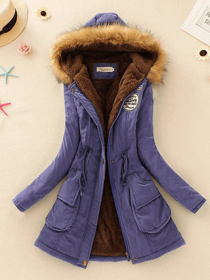 Levoire | Parker Mi-Long Doublure En Fourrure Avec Capuche Boutons Poches Fermeture Éclair Femmes Mode Décontractée Bleu saphir