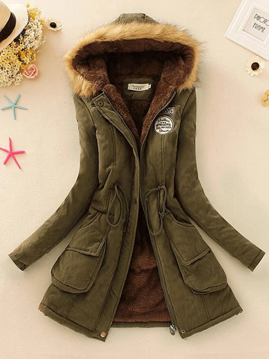 Levoire | Parker Mi-Long Doublure En Fourrure Avec Capuche Boutons Poches Fermeture Éclair Femmes Mode Décontractée Vert olive