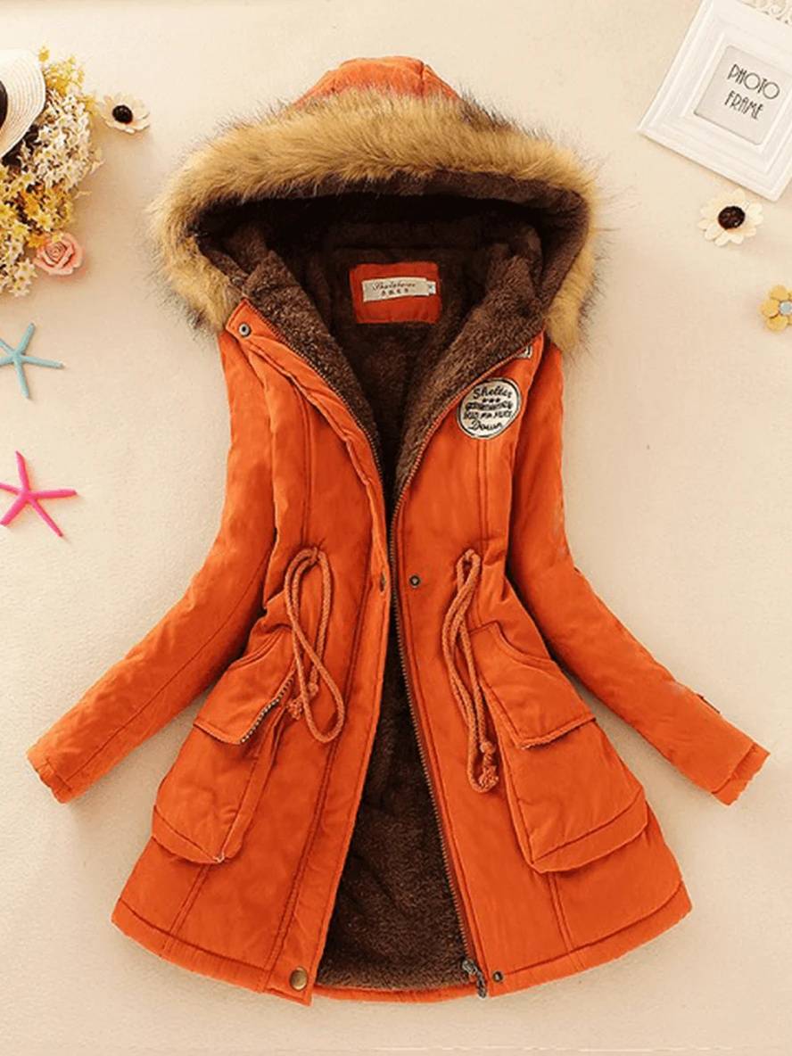 Levoire | Parker Mi-Long Doublure En Fourrure Avec Capuche Boutons Poches Fermeture Éclair Femmes Mode Décontractée Orange