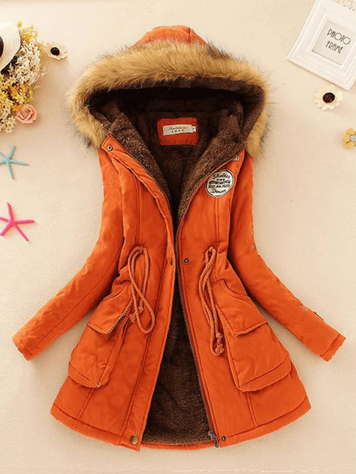 Levoire | Parker Mi-Long Doublure En Fourrure Avec Capuche Boutons Poches Fermeture Éclair Femmes Mode Décontractée Orange