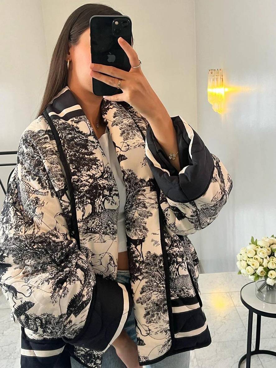 Levoire | Veste D'Hiver Courte Imprimée Avec Fleurs Poches Manches Longues Dames Oversized Décontracté Manteau Noir