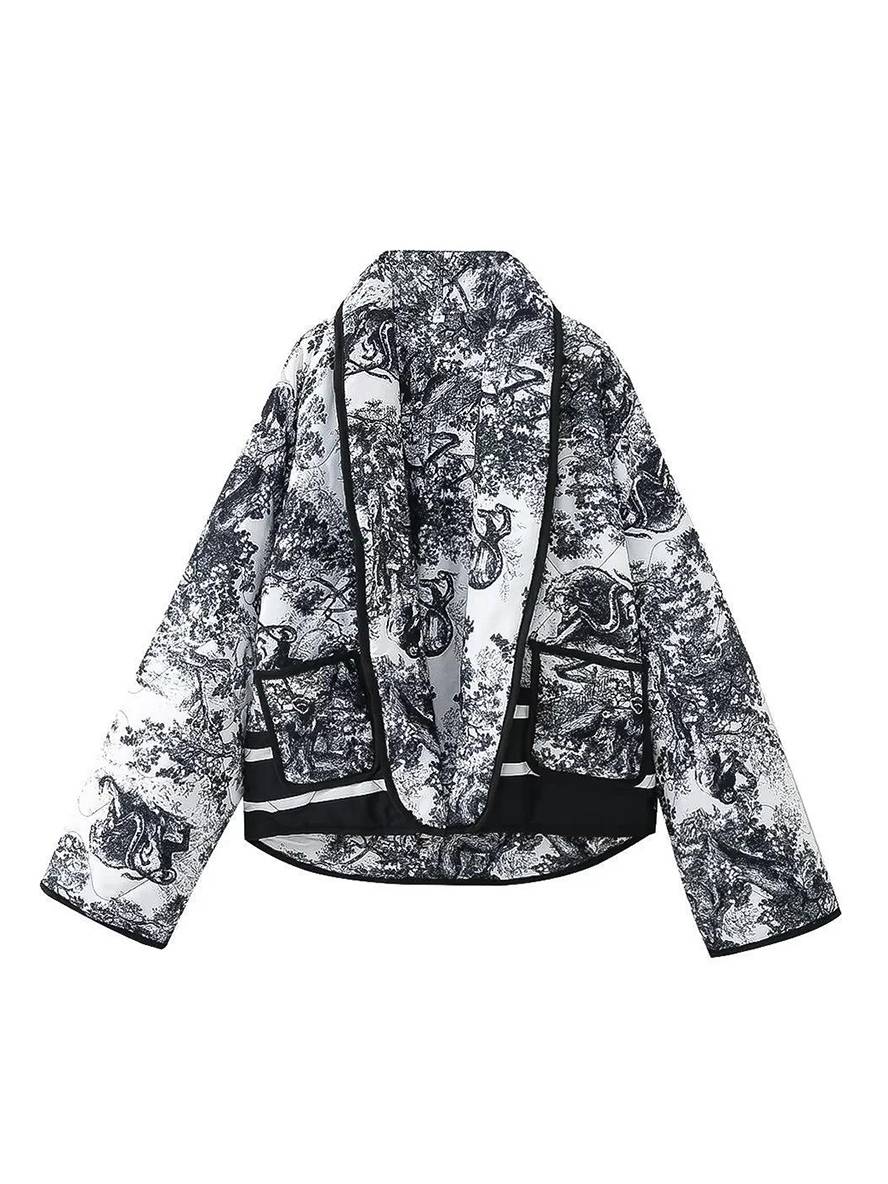 Levoire | Veste D'Hiver Courte Imprimée Avec Fleurs Poches Manches Longues Dames Oversized Décontracté Manteau