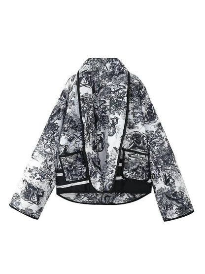 Levoire | Veste D'Hiver Courte Imprimée Avec Fleurs Poches Manches Longues Dames Oversized Décontracté Manteau