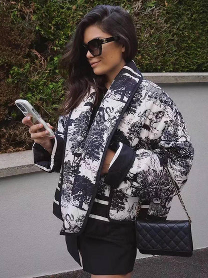 Levoire | Veste D'Hiver Courte Imprimée Avec Fleurs Poches Manches Longues Dames Oversized Décontracté Manteau