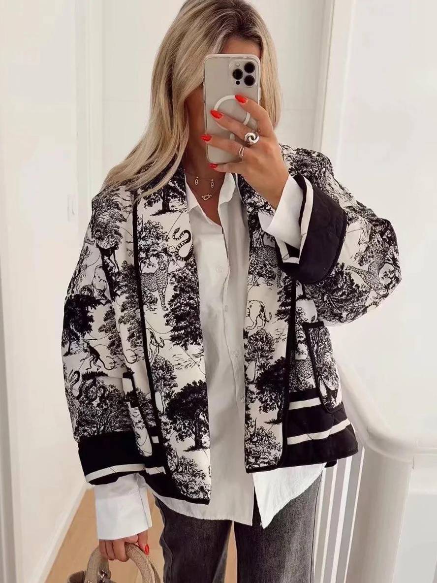 Levoire | Veste D'Hiver Courte Imprimée Avec Fleurs Poches Manches Longues Dames Oversized Décontracté Manteau