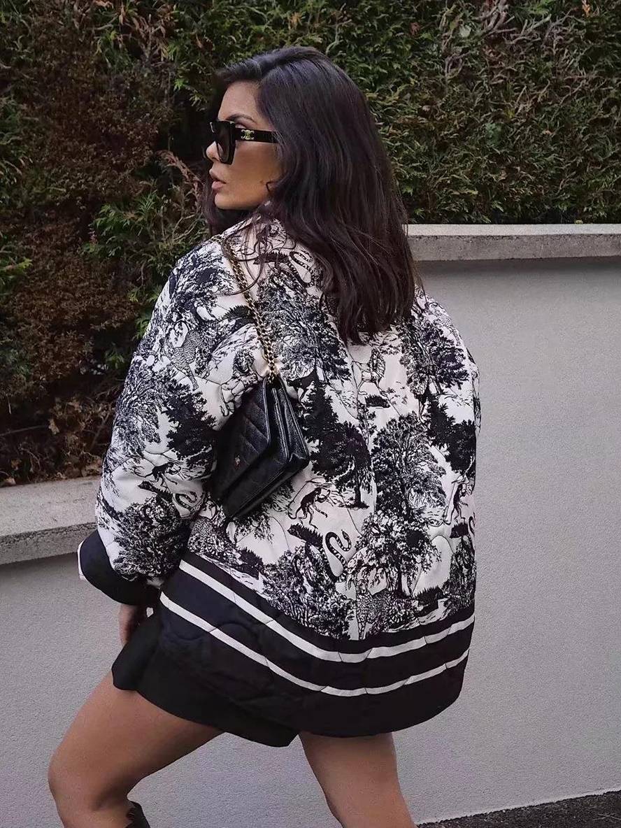 Levoire | Veste D'Hiver Courte Imprimée Avec Fleurs Poches Manches Longues Dames Oversized Décontracté Manteau