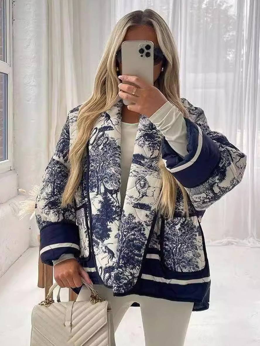 Levoire | Veste D'Hiver Courte Imprimée Avec Fleurs Poches Manches Longues Dames Oversized Décontracté Manteau Bleu