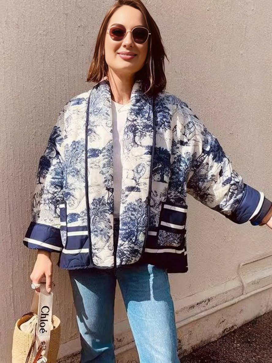 Levoire | Veste D'Hiver Courte Imprimée Avec Fleurs Poches Manches Longues Dames Oversized Décontracté Manteau