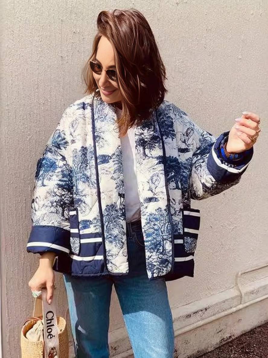 Levoire | Veste D'Hiver Courte Imprimée Avec Fleurs Poches Manches Longues Dames Oversized Décontracté Manteau