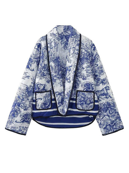 Levoire | Veste D'Hiver Courte Imprimée Avec Fleurs Poches Manches Longues Dames Oversized Décontracté Manteau