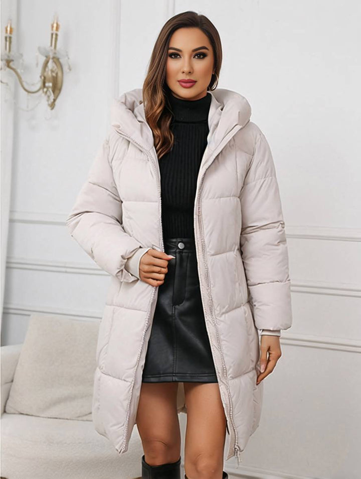 Levoire | Mi-Long Manteau En Duvet À Capuche Avec Poches Zippées À Manches Longues Pour Femmes Décontracté Ample Hiver Beige