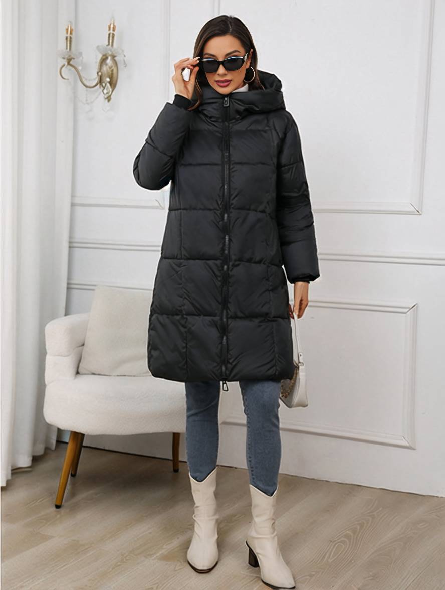 Levoire | Mi-Long Manteau En Duvet À Capuche Avec Poches Zippées À Manches Longues Pour Femmes Décontracté Ample Hiver