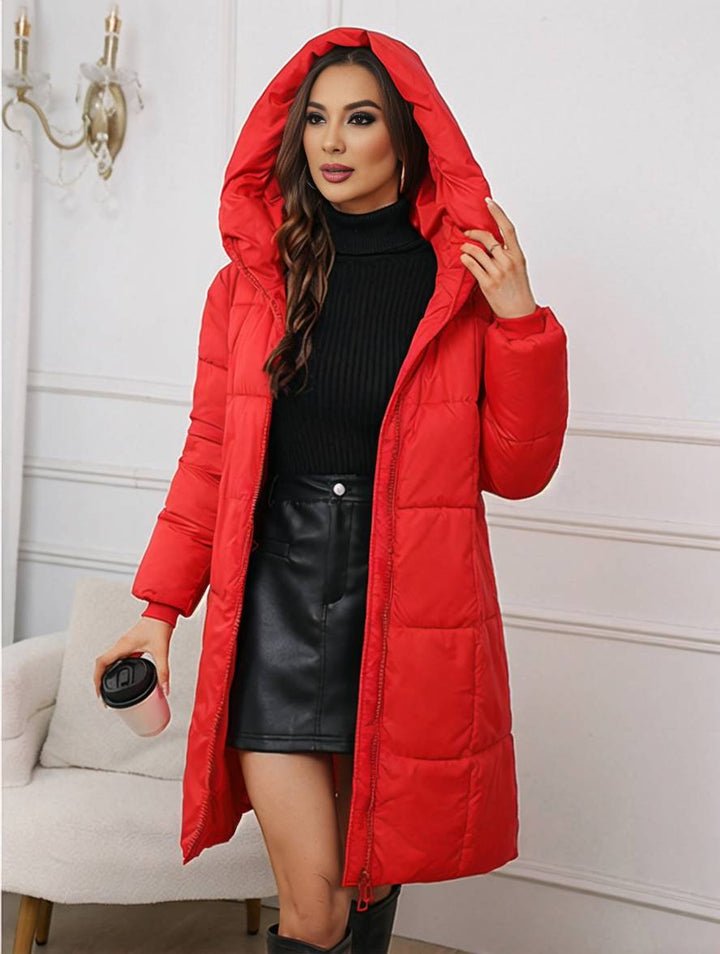 Levoire | Mi-Long Manteau En Duvet À Capuche Avec Poches Zippées À Manches Longues Pour Femmes Décontracté Ample Hiver Rot