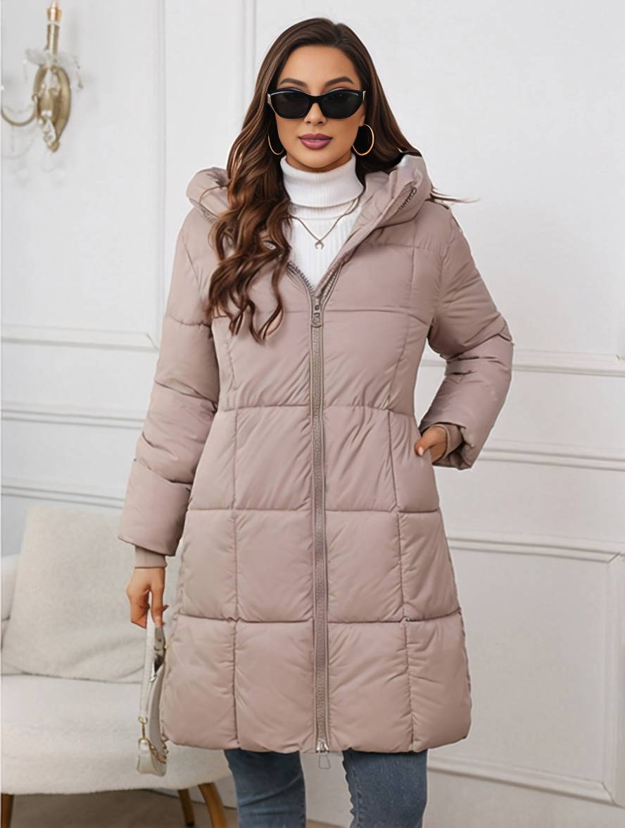 Levoire | Mi-Long Manteau En Duvet À Capuche Avec Poches Zippées À Manches Longues Pour Femmes Décontracté Ample Hiver Khaki