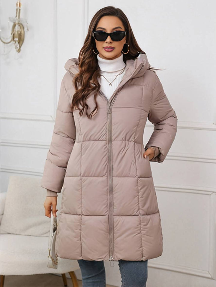 Levoire | Mi-Long Manteau En Duvet À Capuche Avec Poches Zippées À Manches Longues Pour Femmes Décontracté Ample Hiver Khaki