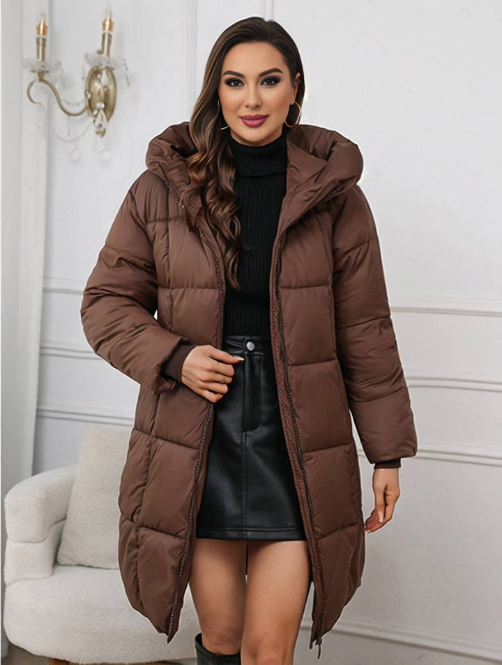 Levoire | Mi-Long Manteau En Duvet À Capuche Avec Poches Zippées À Manches Longues Pour Femmes Décontracté Ample Hiver Café