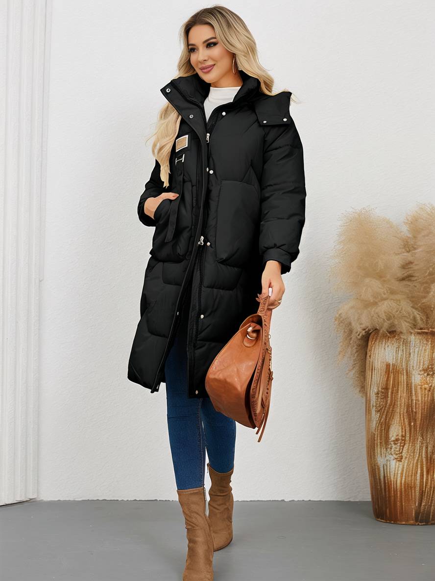Levoire | Manteau Doudoune Uni Plus Long Avec Col Montant, Fermeture Éclair, Patte De Boutonnage, Poches Pour Femmes, Élégant, Décontracté, Veste