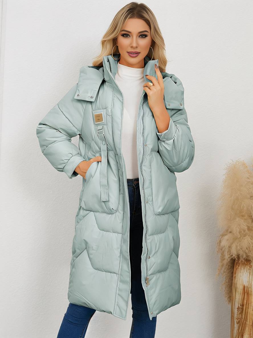 Levoire | Manteau Doudoune Uni Plus Long Avec Col Montant, Fermeture Éclair, Patte De Boutonnage, Poches Pour Femmes, Élégant, Décontracté, Veste Vert
