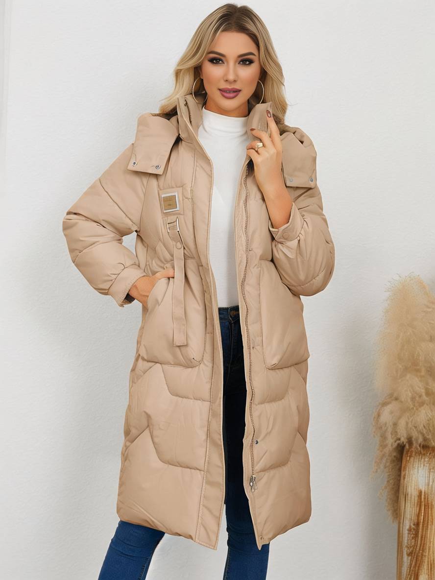 Levoire | Manteau Doudoune Uni Plus Long Avec Col Montant, Fermeture Éclair, Patte De Boutonnage, Poches Pour Femmes, Élégant, Décontracté, Veste Khaki