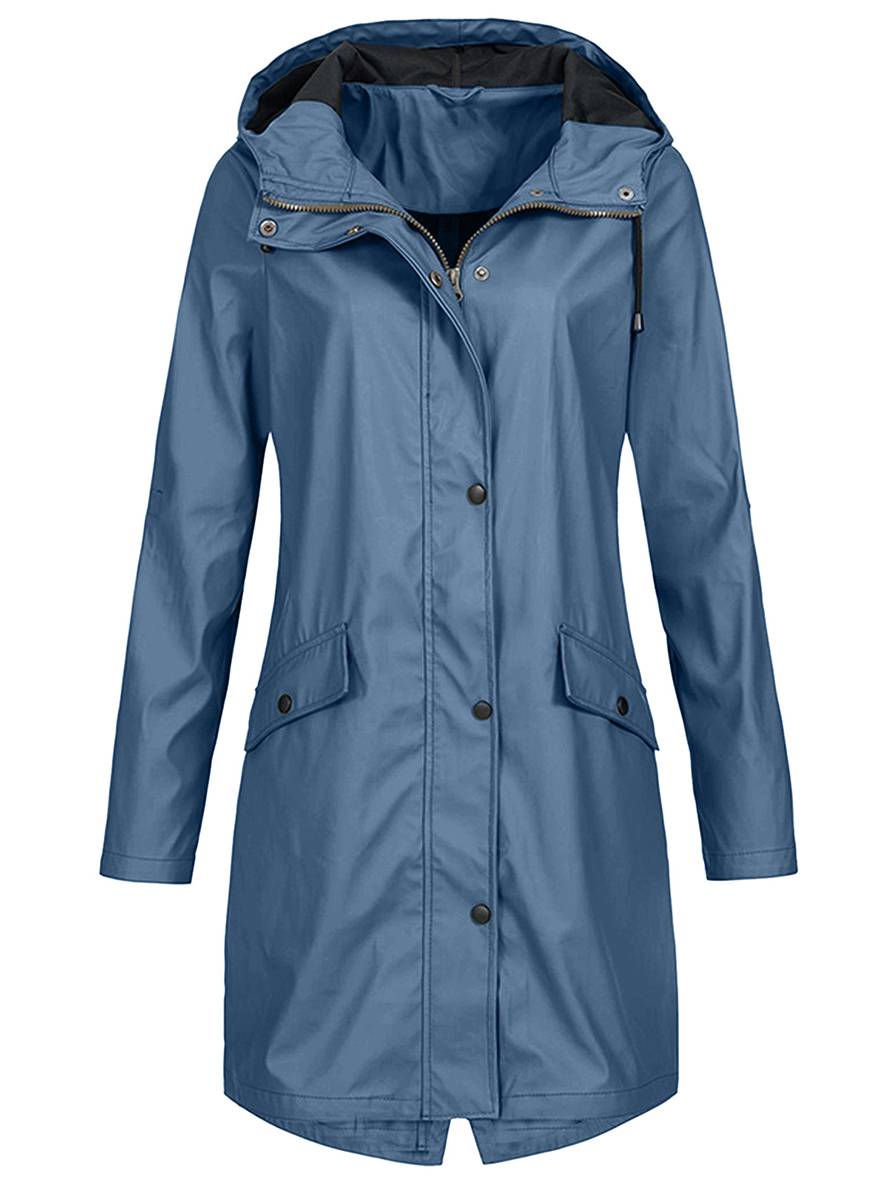 Levoire | Parka Mi-Long À Capuche Uni Fermeture Éclair Fermeture À Boutons Poches Manches Longues Manteau De Loisirs Pour Femmes Bleu