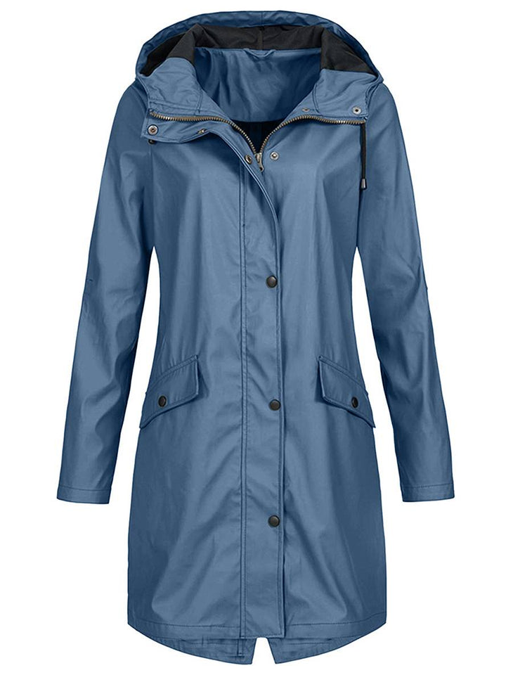 Levoire | Parka Mi-Long À Capuche Uni Fermeture Éclair Fermeture À Boutons Poches Manches Longues Manteau De Loisirs Pour Femmes Bleu