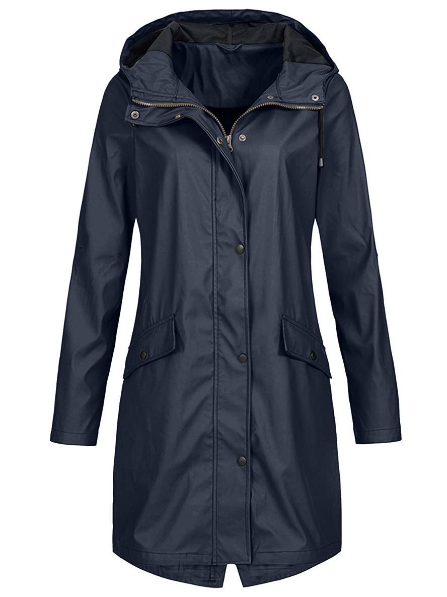 Levoire | Parka Mi-Long À Capuche Uni Fermeture Éclair Fermeture À Boutons Poches Manches Longues Manteau De Loisirs Pour Femmes Marine