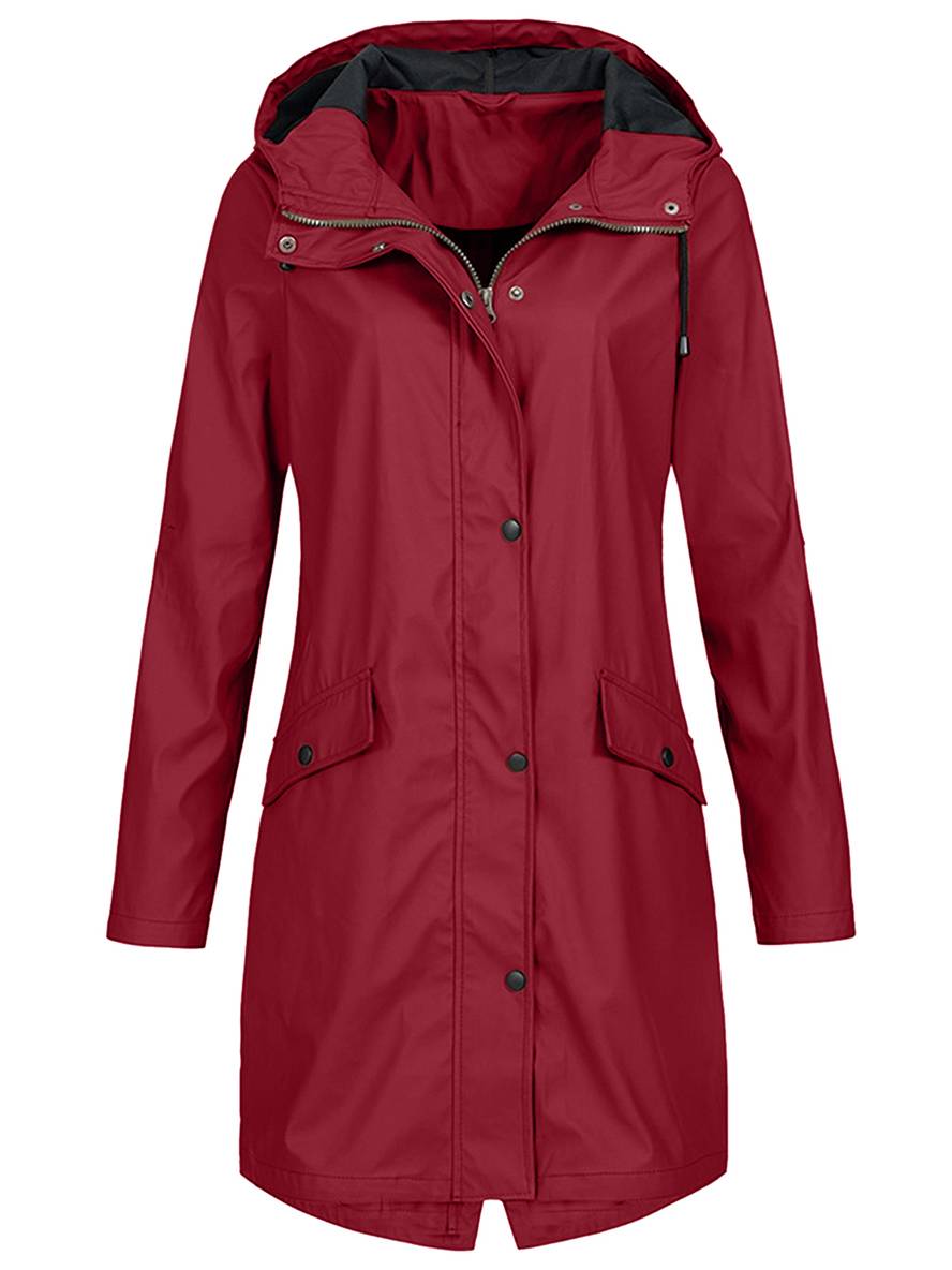Levoire | Parka Mi-Long À Capuche Uni Fermeture Éclair Fermeture À Boutons Poches Manches Longues Manteau De Loisirs Pour Femmes Bordeaux