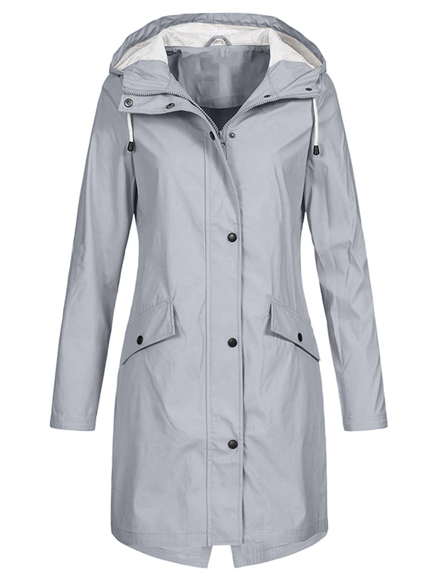 Levoire | Parka Mi-Long À Capuche Uni Fermeture Éclair Fermeture À Boutons Poches Manches Longues Manteau De Loisirs Pour Femmes Gris