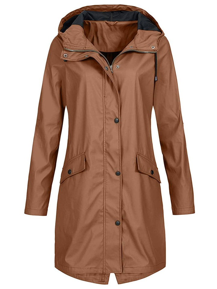 Levoire | Parka Mi-Long À Capuche Uni Fermeture Éclair Fermeture À Boutons Poches Manches Longues Manteau De Loisirs Pour Femmes Café