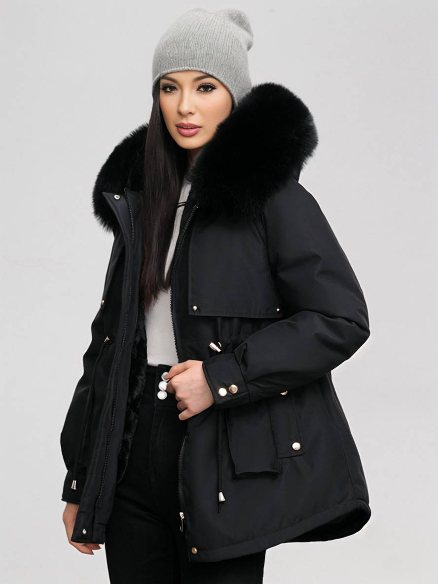 Levoire | Parka Moyen Avec Capuche Poches Fermeture Éclair Manches Longues Femme Décontracté Oversized Loisirs Hiver Doudoune Noir