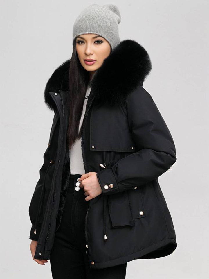 Levoire | Parka Moyen Avec Capuche Poches Fermeture Éclair Manches Longues Femme Décontracté Oversized Loisirs Hiver Doudoune Noir