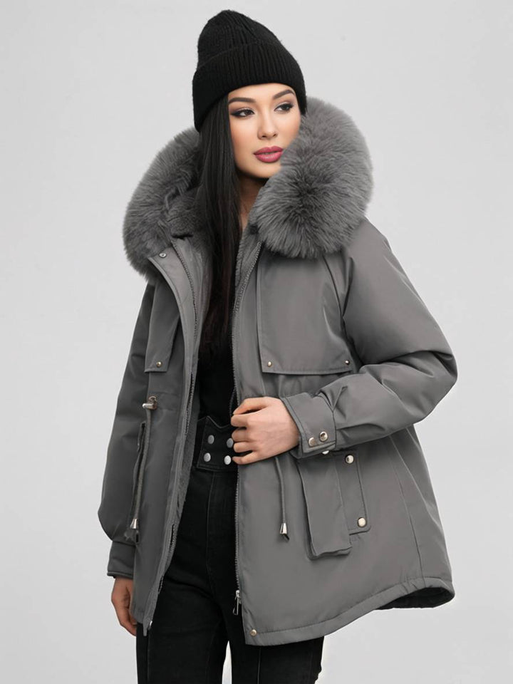 Levoire | Parka Moyen Avec Capuche Poches Fermeture Éclair Manches Longues Femme Décontracté Oversized Loisirs Hiver Doudoune Gris