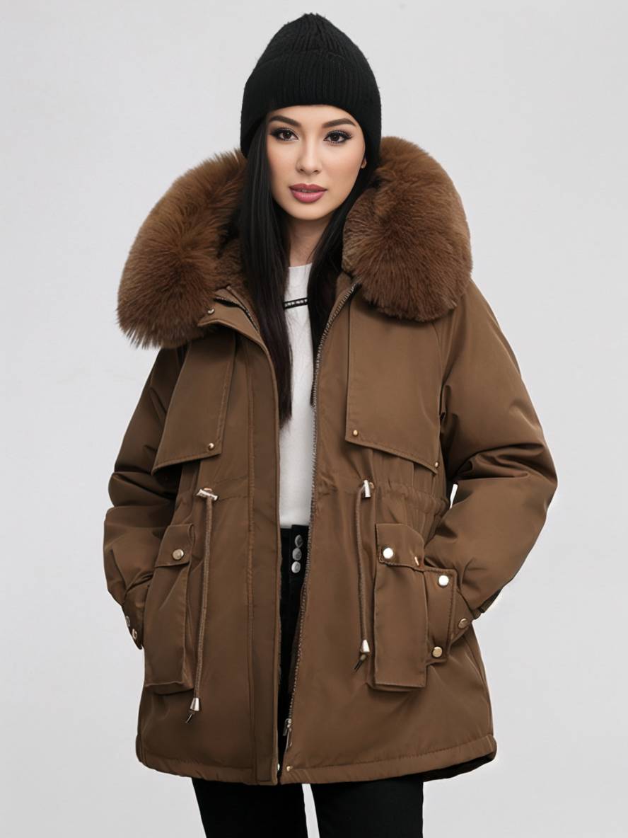 Levoire | Parka Moyen Avec Capuche Poches Fermeture Éclair Manches Longues Femme Décontracté Oversized Loisirs Hiver Doudoune Café