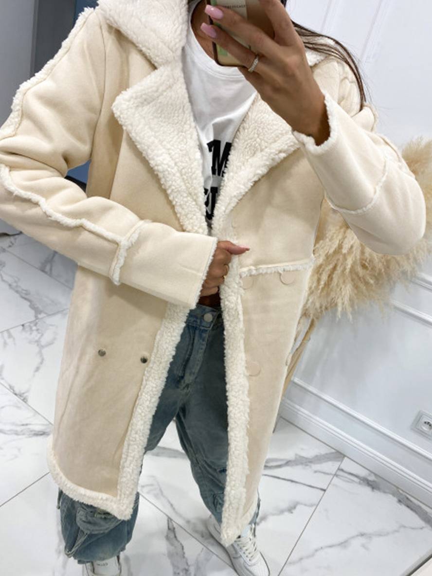 Levoire | Manteau Pilote Mi-Long En Suédine Doublure Intérieure Double Bouton Col Femmes Grande Taille Manteau D'Hiver Beige