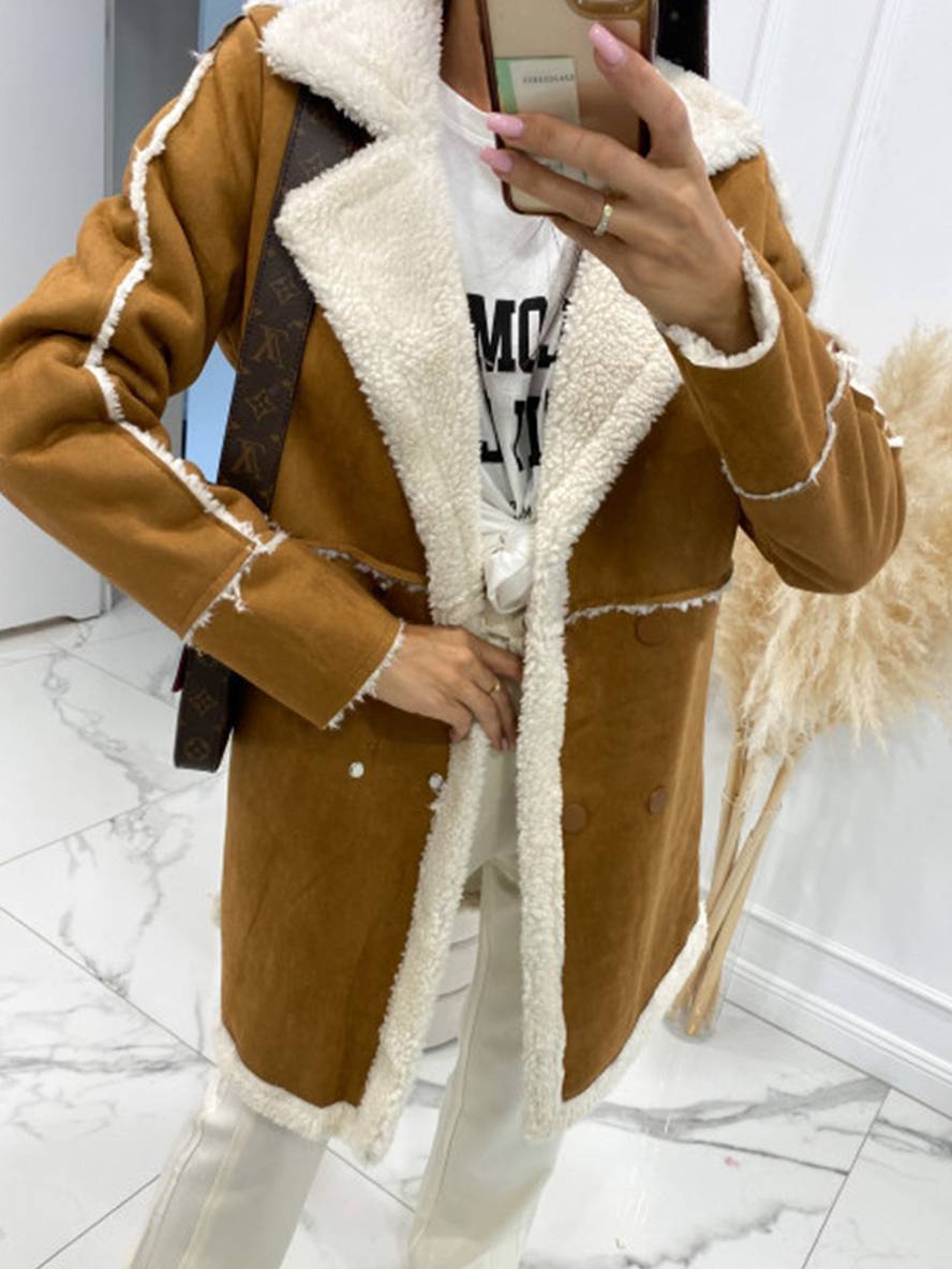 Levoire | Manteau Pilote Mi-Long En Suédine Doublure Intérieure Double Bouton Col Femmes Grande Taille Manteau D'Hiver Chameau