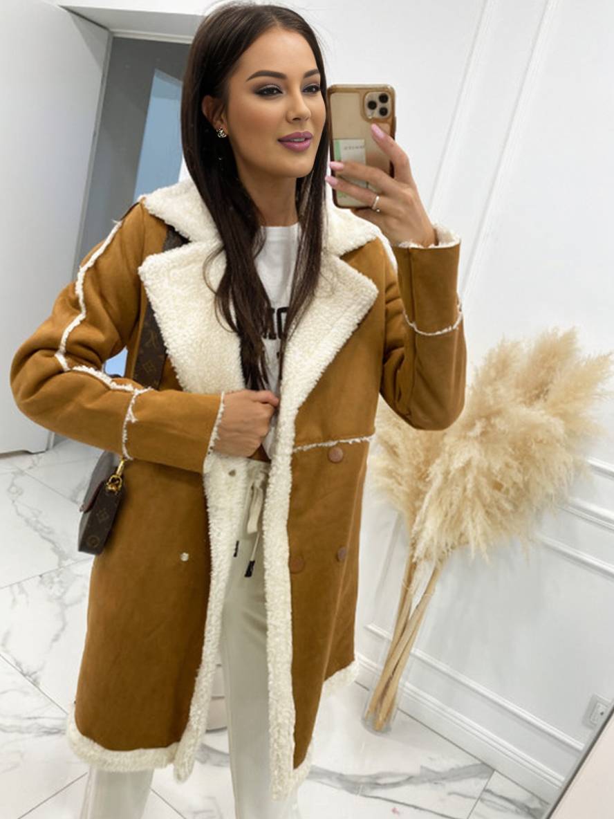 Levoire | Manteau Pilote Mi-Long En Suédine Doublure Intérieure Double Bouton Col Femmes Grande Taille Manteau D'Hiver