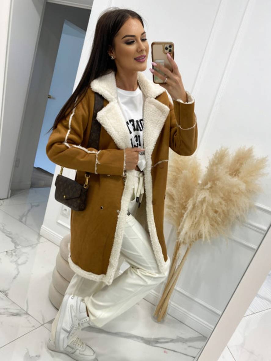 Levoire | Manteau Pilote Mi-Long En Suédine Doublure Intérieure Double Bouton Col Femmes Grande Taille Manteau D'Hiver