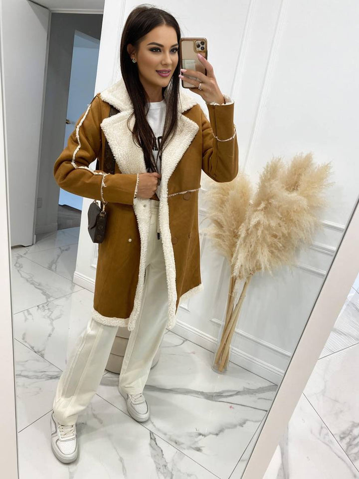 Levoire | Manteau Pilote Mi-Long En Suédine Doublure Intérieure Double Bouton Col Femmes Grande Taille Manteau D'Hiver