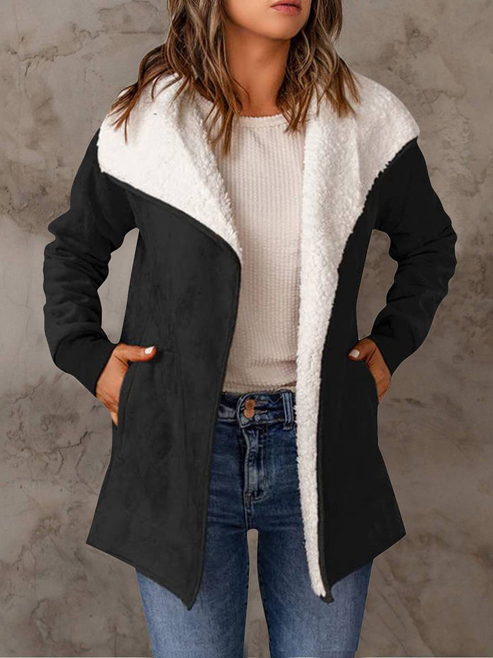 Levoire | Manteau En Daim Poches Manches Longues Femme Mode Décontractée Loisirs Hiver Veste Noir