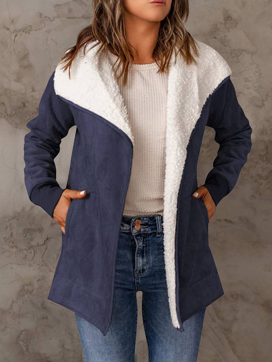 Levoire | Manteau En Daim Poches Manches Longues Femme Mode Décontractée Loisirs Hiver Veste Bleu foncé