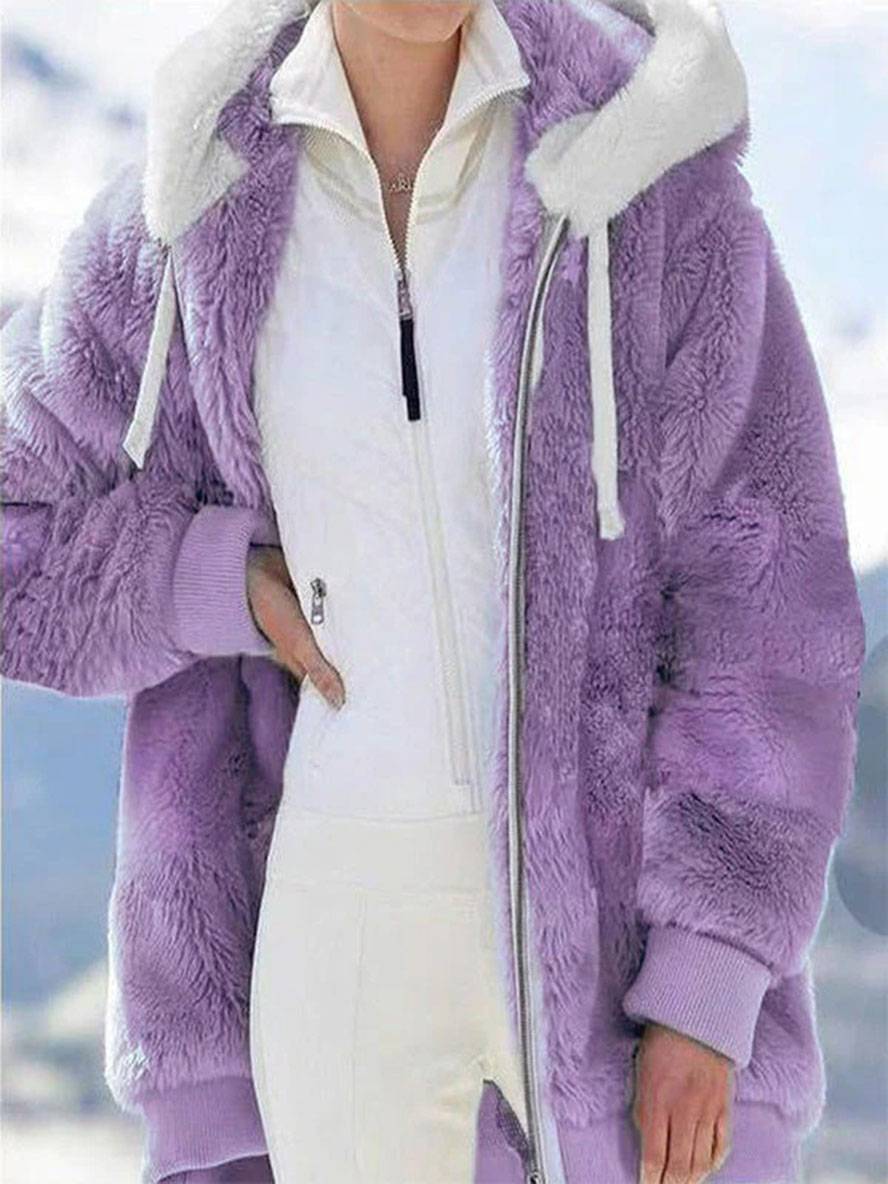 Levoire | Manteau À Capuche Uni Doublé En Polaire Fermeture Éclair Poches Manches Longues Élégant Large Veste Violet