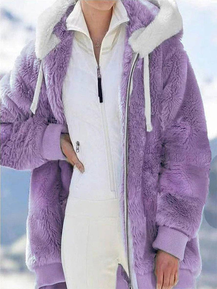 Levoire | Manteau À Capuche Uni Doublé En Polaire Fermeture Éclair Poches Manches Longues Élégant Large Veste Violet