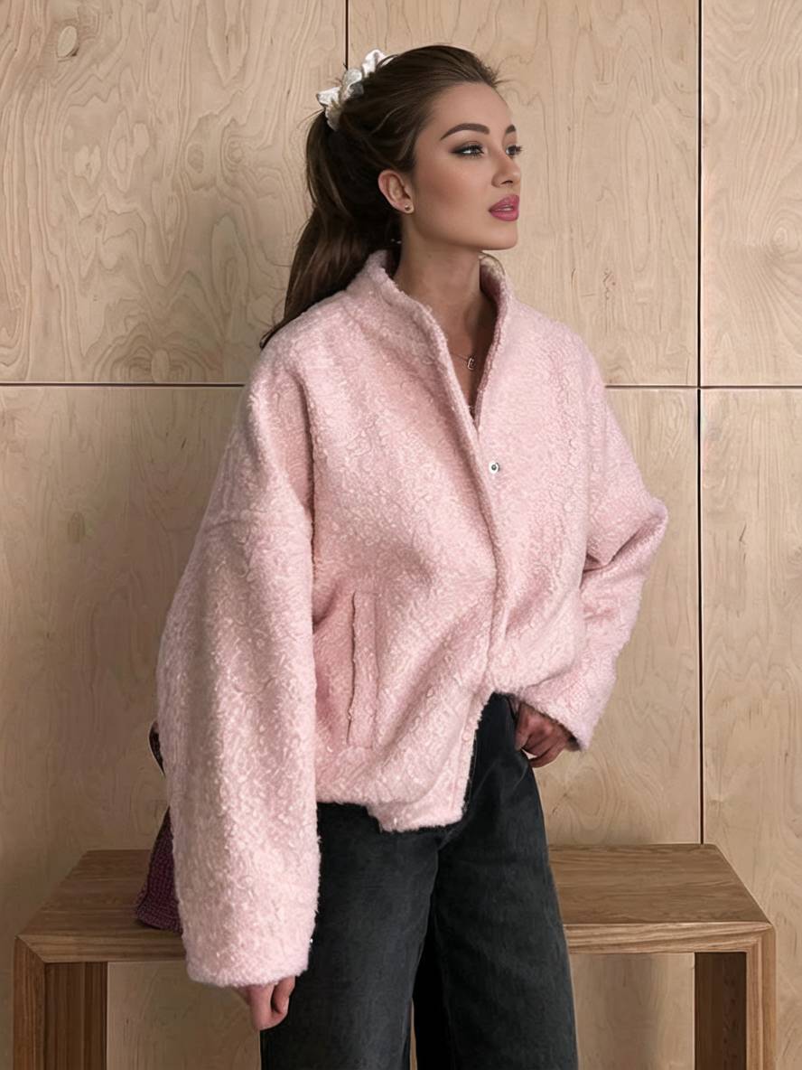 Levoire | Manteau Bouton Poches Col Montant Épaules Pli Élegant Décontracté Doux Hiver Veste