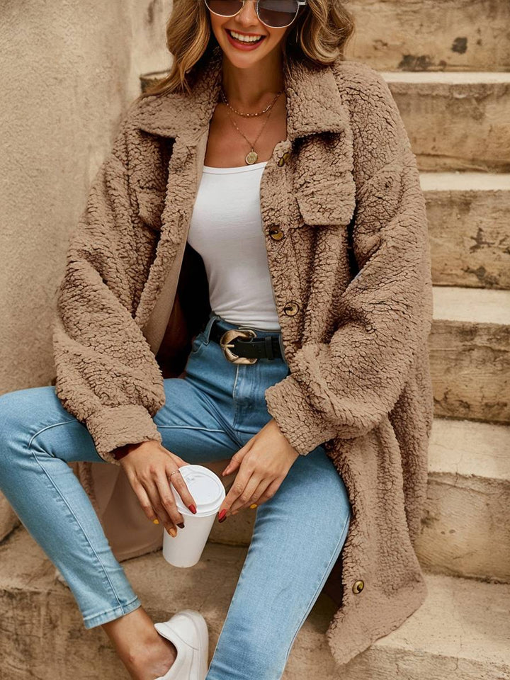 Levoire | Moyen-Long Manteau En Polaire À Col À Boutons Revers À Manches Longues Pour Femmes Veste Décontractée